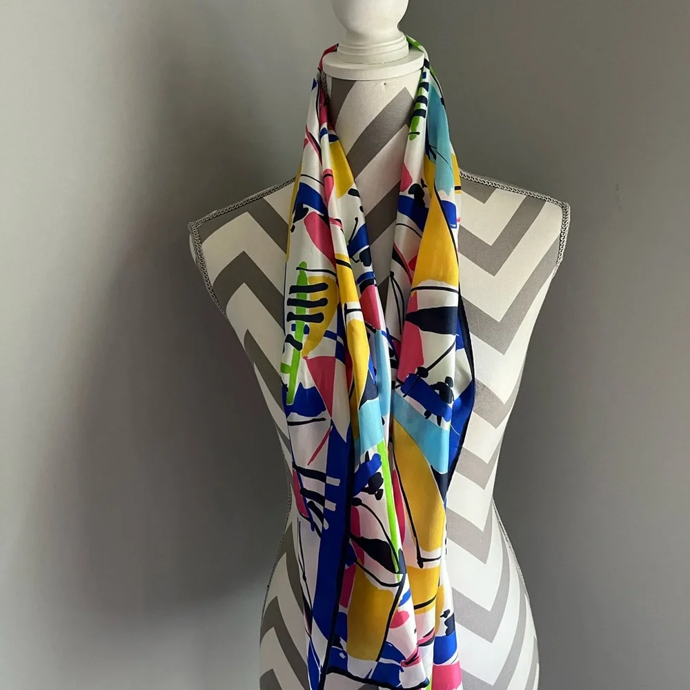 Colorful Abstract Vintage Silk Print Scarf - 52” l x 11” w - Picture 8 of 8
